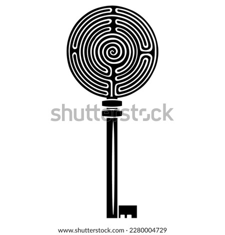 Skeleton key with a round spiral maze or labyrinth symbol as its head. Creative concept. Clue to the mystery. Black and white silhouette.