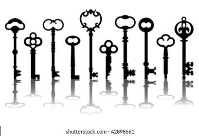 Skeleton key silhouettes with reflections.