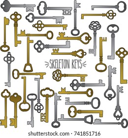 Skeleton Keys, Victorian, Gold, Silver, door, lock, decorative, vintage, old, retro, house, home, freehand, illustration, icon, element, collection, classic, heart, safe, ornate, design, antique