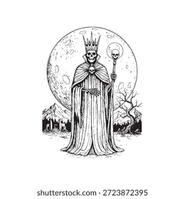 Rey esqueleto con corona y capa bajo la ilustración de luna llena en estilo de grabado de Antiguas.