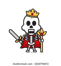 Skeleton king holding sword cartoon icon illustration. Design isolated flat cartoons style