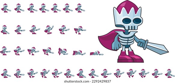 Skeleton king with a sword in his hand. For creating an action game in fantasy style. Game Animated Character. Game Sprite 
