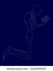 Skeleton is kneeling down and praying. The skeleton is in a blue background. Scene is solemn and peaceful