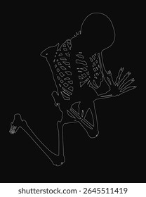 Um esqueleto ajoelhado em oração, representado como um desenho de linha branca sobre um fundo preto. A figura tem braços estendidos e cabeça arqueada em uma pose reverente.