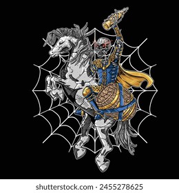 a skeleton knight rode a horse with a barrel on his back, holding up a liquor bottle in place of a sword