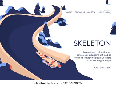 Skeleton landing page template. Vector scene with character riding down on sled in winter scenery. Vector concept banner for professional sport