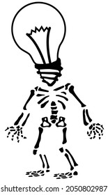 Skeleton with light bulb head figure silhouette stencil black, vector illustration, vertical, over white, isolated
