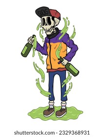 Skeleton with liquor doodle hand drawn illustration vector design