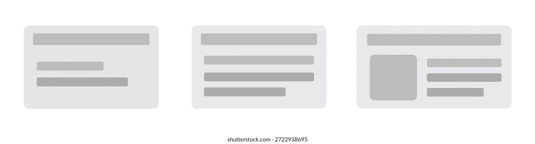 Espaços reservados de interface do usuário do cartão de carregamento de esqueleto mostrando três layouts de painel, imagem e pré-carregamento de linha de texto em tons de cinza para painéis SaaS, aplicativos Web, interfaces móveis e estados de pré-carregamento de conteúdo