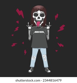 Skeleton Long Hair Scream Showing Tongue with Rock Finger Hand Gesture Isolated on Black Background, Vector Illustration