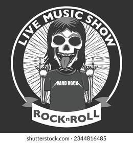 Skeleton Long Hair Scream Showing Tongue with Rock Finger Hand Gesture Isolated on Black Background, Vector Illustration