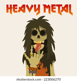 skeleton with long hair, sticking his tongue out and heavy metal symbol sign of the horns, cartoon flat style vector illustration.