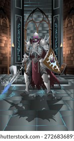 Skeleton Lord em Dark Dungeon com Espada Mágica e Crânios, Fantasia Vetor Ilustração