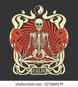 skeleton in lotus pose, stay calm print for t-shirt, vector art