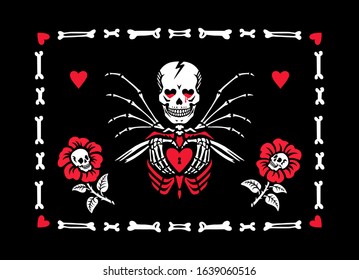 Skeleton in love and flowers with skulls in a frame of bones. A skeleton with wings holds a heart in its hands. Gothic style. Greeting card for Valentine's Day. Also great for Halloween.