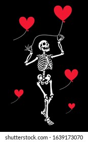 A skeleton in love holds a heart-shaped balloon. Unusual valentine. Romantic gothic ornament. Greeting card for Valentine's Day. Also great for Halloween.