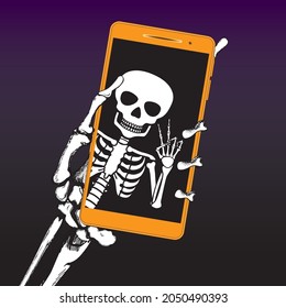 Skeleton se hizo selfie con gesto de paz en smartphone.Vector ilustración.