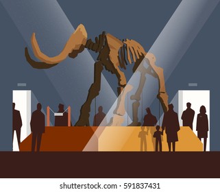 The skeleton of a mammoth. Vector illustration of people inside the Museum