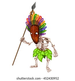 The skeleton of a man in costume and mask performs the ritual dance with a spear. Vector illustration.