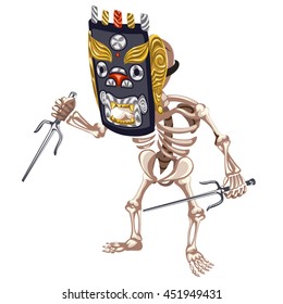 The skeleton of a man in ethnic mask with a dagger in hands isolated on white background. Vector illustration.
