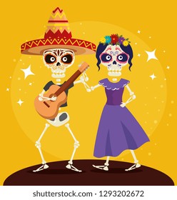 skeleton man with guitar and dancing with catrina to event