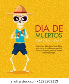 skeleton man with hat and maracas to day of the dead