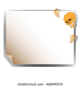 The skeleton of a man holding a sheet of paper, Bulletin Board.Halloween pointing at a sign or scroll. For advertising, banners, Wallpapers site. Vector illustration.