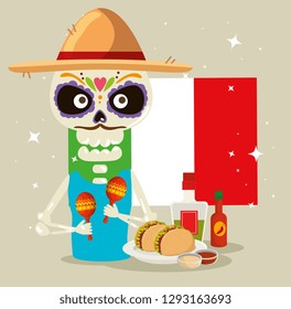 skeleton man with mexico man and tacos