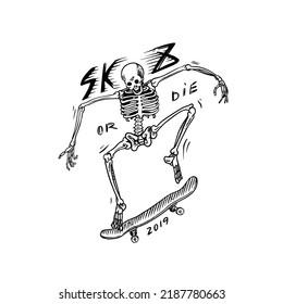Skeleton Man Ride On The Boards. Skateboard Shop Emblem. Fiery Head And Skull. Vintage Retro Label And Badge For T-shirts And Typography. Hand Drawn Engraved Sketch.