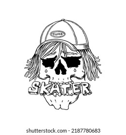 Skeleton man ride on the boards. Skateboard shop emblem. Skull in a cap. Vintage retro label and badge for t-shirts and typography. Hand Drawn engraved sketch.