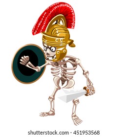 The skeleton of a man in a Roman helmet with a shield and sword. Vector illustration.