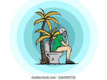 Hombre esqueleto sentado en un dibujo de ilustración de baño al aire libre