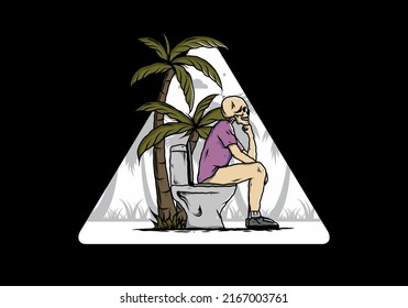 Skeleton-Mann sitzt auf der Toilettengrafik Zeichnung Design