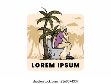 Skeleton man sit on outdoor toilet illustration drawing design