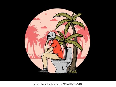 Skeleton man sit on outdoor toilet illustration drawing design