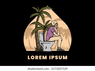 Skeleton man sit on outdoor toilet illustration drawing design