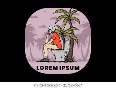 Skeleton man sit on outdoor toilet illustration drawing design