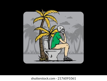 Skeleton man sit on outdoor toilet illustration drawing design