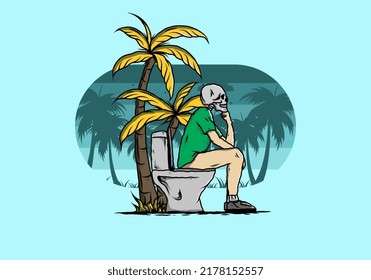 Skeleton man sit on outdoor toilet illustration drawing design