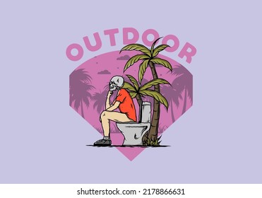 Skeleton man sit on outdoor toilet illustration drawing design