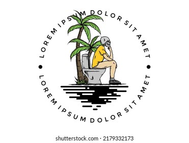 Skeleton man sit on outdoor toilet illustration drawing design