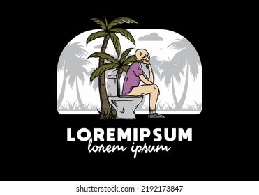 Skeleton man sit on outdoor toilet illustration drawing design