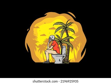 Skeleton man sit on outdoor toilet illustration drawing design