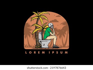 Skeleton man sit on outdoor toilet illustration drawing design