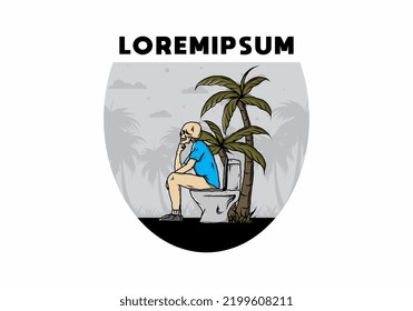Skeleton man sit on outdoor toilet illustration drawing design