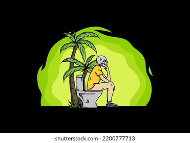 Skeleton man sit on outdoor toilet illustration drawing design