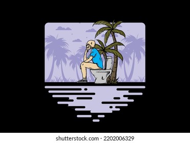 Skeleton man sit on outdoor toilet illustration drawing design