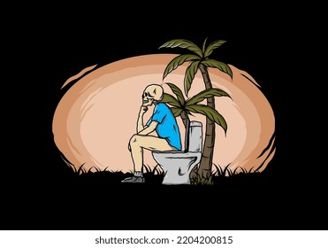 Skeleton man sit on outdoor toilet illustration drawing design