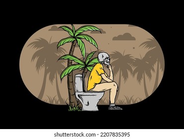 Skeleton man sit on outdoor toilet illustration drawing design