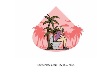 Skeleton man sit on outdoor toilet illustration drawing design